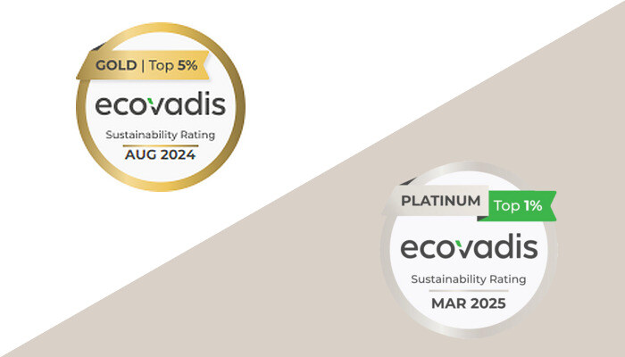 EcoVadis medals: Platinum Top 1% March 2025 (Rail Europe Solutions) and Gold Top 5% August 2024 (Emofer)